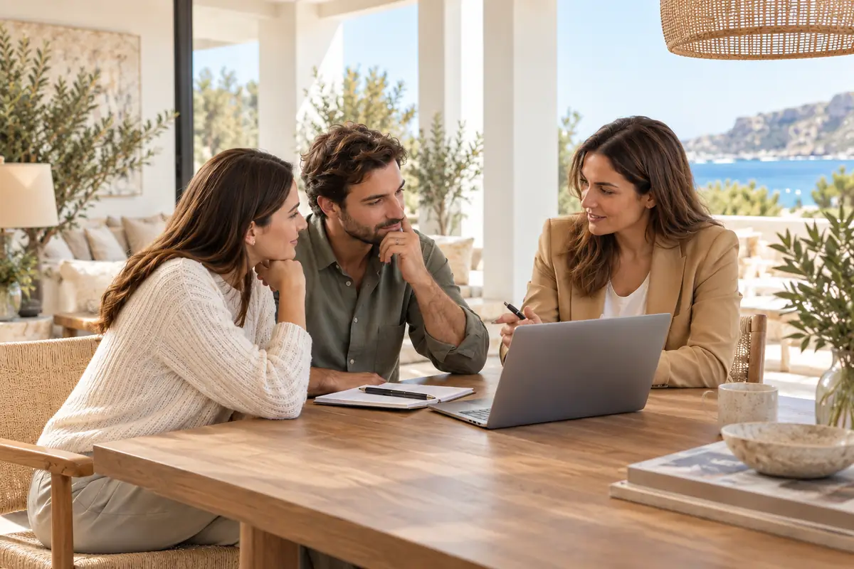 Pareja revisando opciones de financiación con un profesional